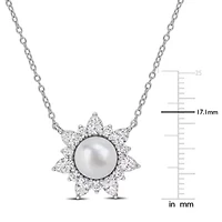 Lab Created 8-8.5mm Freshwater Cultured Pearl & Created White Sapphire Floral Necklace in Sterling Silver - 17 in