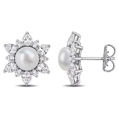 Lab Created 7-7.5mm Freshwater Cultured Pearl & Created White Sapphire Floral Earrings in Sterling Silver
