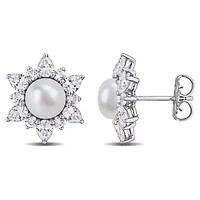 Lab Created 7-7.5mm Freshwater Cultured Pearl & Created White Sapphire Floral Earrings in Sterling Silver