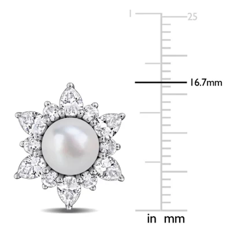 Lab Created 7-7.5mm Freshwater Cultured Pearl & Created White Sapphire Floral Earrings in Sterling Silver