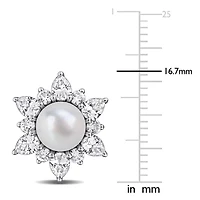 Lab Created 7-7.5mm Freshwater Cultured Pearl & Created White Sapphire Floral Earrings in Sterling Silver