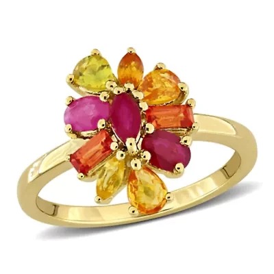 Dark Ruby, Orange & Yellow Sapphire Ring Plated Sterling Silver