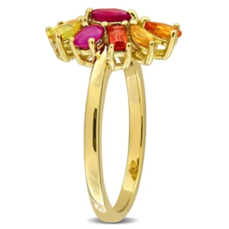 Dark Ruby, Orange & Yellow Sapphire Ring Plated Sterling Silver