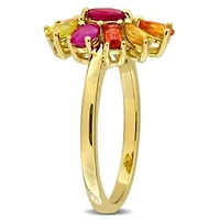 Dark Ruby, Orange & Yellow Sapphire Ring Plated Sterling Silver