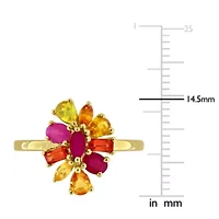 Dark Ruby, Orange & Yellow Sapphire Ring Plated Sterling Silver