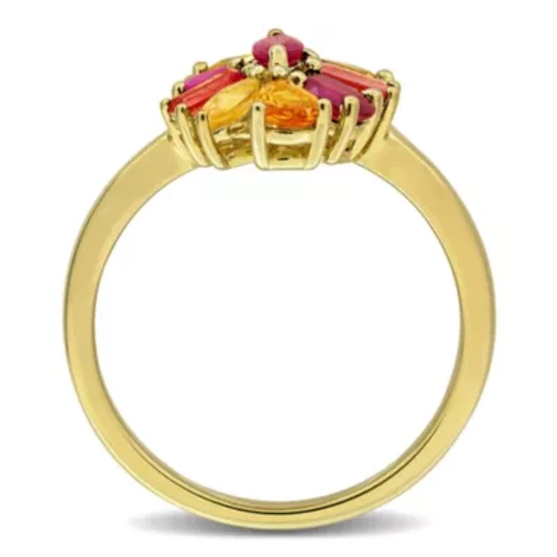 Dark Ruby, Orange & Yellow Sapphire Ring Plated Sterling Silver
