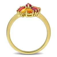 Dark Ruby, Orange & Yellow Sapphire Ring Plated Sterling Silver