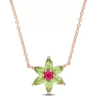 Ruby & Green Sapphire Necklace in Rose Plated Sterling Silver - 17 in