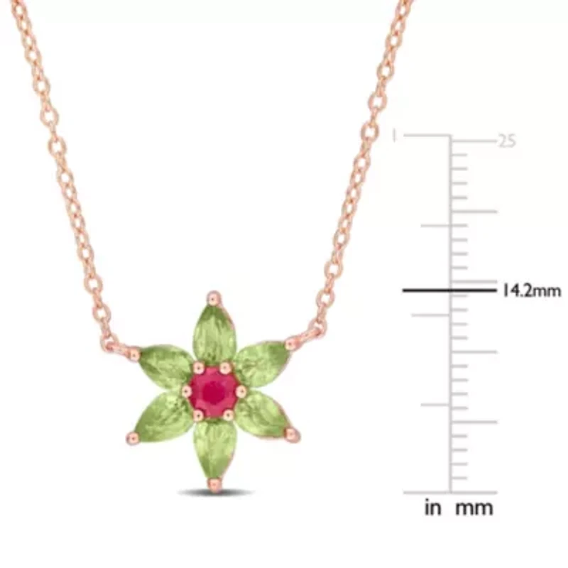 Ruby & Green Sapphire Necklace in Rose Plated Sterling Silver - 17 in