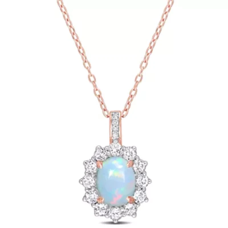 Ethiopian Opal-Blue, White Topaz & Diamond Accent Pendant With Chain in Rose Plated Sterling Silver-18"