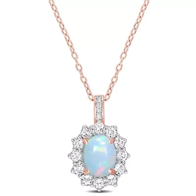 Ethiopian Opal-Blue, White Topaz & Diamond Accent Pendant With Chain in Rose Plated Sterling Silver-18"
