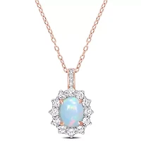 Ethiopian Opal-Blue, White Topaz & Diamond Accent Pendant With Chain in Rose Plated Sterling Silver-18"