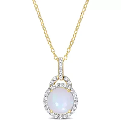 Ethiopian Opal-Blue & White Topaz Pendant With Chain in Yellow Plated Sterling Silver-18"