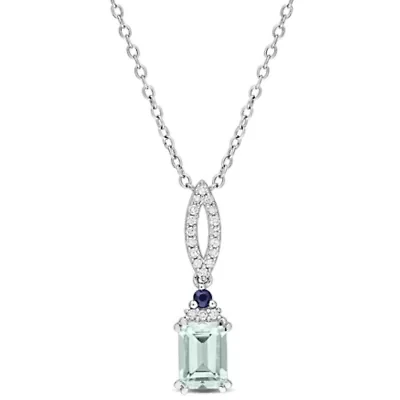 Blue Sapphire, Aquamarine & Diamond Pendant With Chain in Sterling Silver-18"