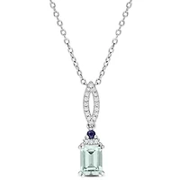 Blue Sapphire, Aquamarine & Diamond Pendant With Chain in Sterling Silver-18"