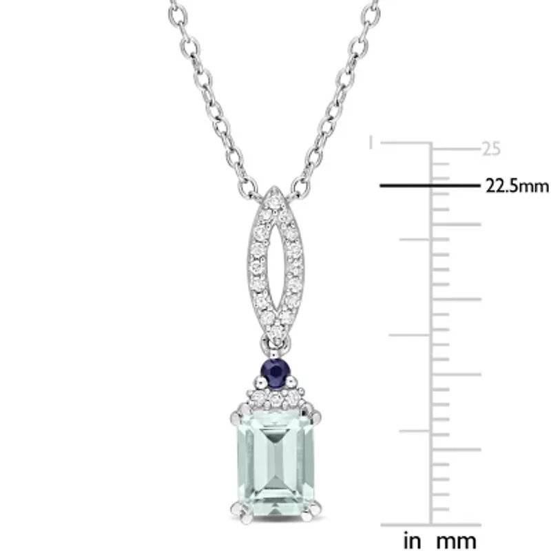 Blue Sapphire, Aquamarine & Diamond Pendant With Chain in Sterling Silver-18"