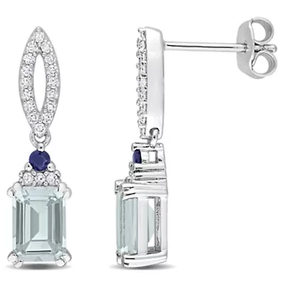 Diamond & Blue Sapphire & Aquamarine Earrings in Sterling Silver