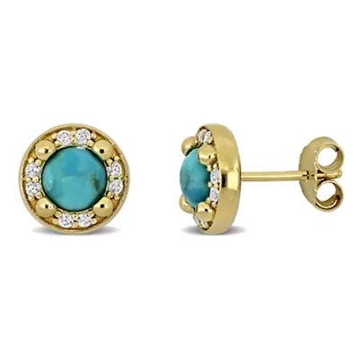 Lab Created White Sapphire & Compressed Light Blue Turquoise Earrings in Yellow Plated Sterling Silver