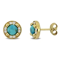 Lab Created White Sapphire & Compressed Light Blue Turquoise Earrings in Yellow Plated Sterling Silver
