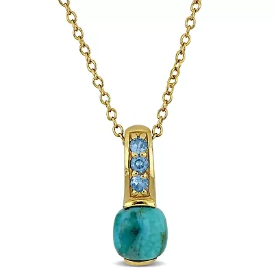 Lab Created Blue Cubic Zirconia & Compressed Light Blue Turquoise Necklace Yellow Plated Sterling Silver-18"+2" Ext.