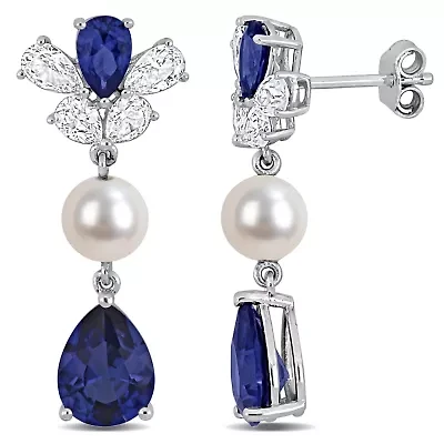 Lab Created Blue & White Sapphire & 6-6.5mm Freshwater Cultured Pearl Earrings in Sterling Silver