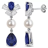 Lab Created Blue & White Sapphire & 6-6.5mm Freshwater Cultured Pearl Earrings in Sterling Silver