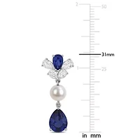Lab Created Blue & White Sapphire & 6-6.5mm Freshwater Cultured Pearl Earrings in Sterling Silver