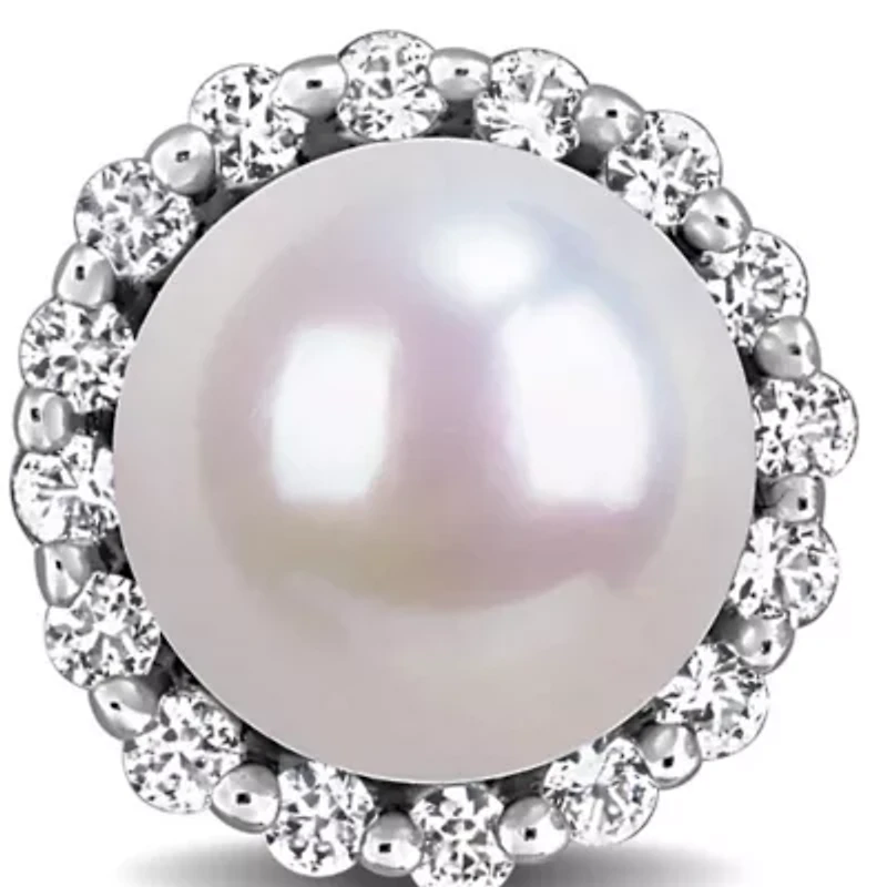 Lab Created White Sapphire & 7-7.5mm Freshwater Cultured Pearl Earrings in Sterling Silver