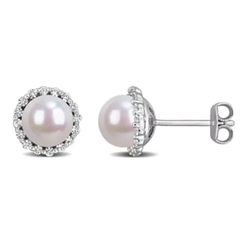 Lab Created White Sapphire & 7-7.5mm Freshwater Cultured Pearl Earrings in Sterling Silver