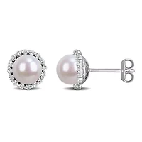 Lab Created White Sapphire & 7-7.5mm Freshwater Cultured Pearl Earrings in Sterling Silver