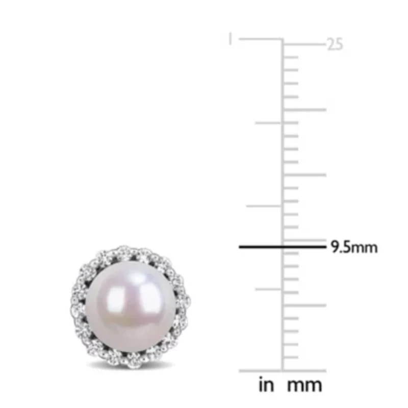 Lab Created White Sapphire & 7-7.5mm Freshwater Cultured Pearl Earrings in Sterling Silver