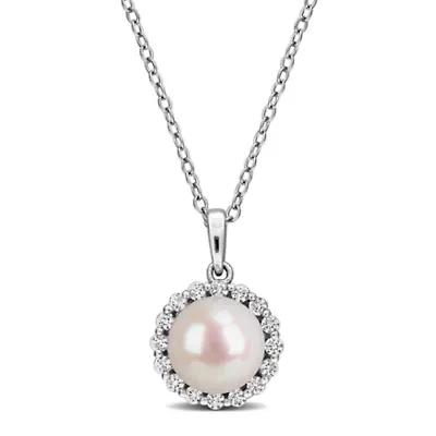 Lab Created White Sapphire & 8-8.5mm Freshwater Cultured Pearl Pendant With Chain in Sterling Silver,18"