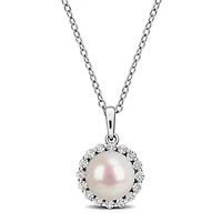 Lab Created White Sapphire & 8-8.5mm Freshwater Cultured Pearl Pendant With Chain in Sterling Silver,18"