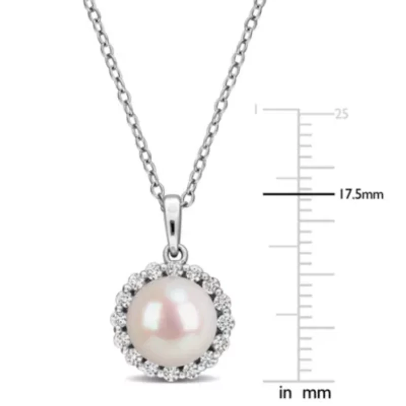 Lab Created White Sapphire & 8-8.5mm Freshwater Cultured Pearl Pendant With Chain in Sterling Silver,18"