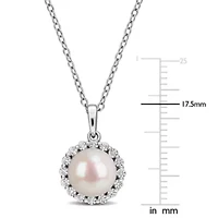 Lab Created White Sapphire & 8-8.5mm Freshwater Cultured Pearl Pendant With Chain in Sterling Silver,18"