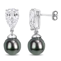 Lab Created White Sapphire & 10-10.5mm Black Tahitian Cultured Pearl Earrings in Sterling Silver