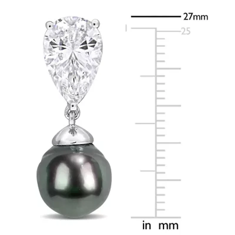 Lab Created White Sapphire & 10-10.5mm Black Tahitian Cultured Pearl Earrings in Sterling Silver