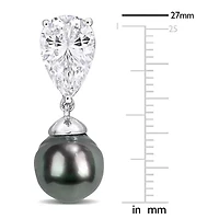Lab Created White Sapphire & 10-10.5mm Black Tahitian Cultured Pearl Earrings in Sterling Silver