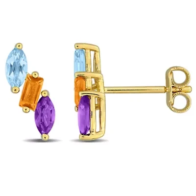 Swiss Blue Topaz, Citrine & Amethyst-Africa Earrings in Yellow Plated Sterling Silver