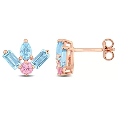 Swiss Blue Topaz & Pink Sapphire Earrings in Rose Plated Sterling Silver