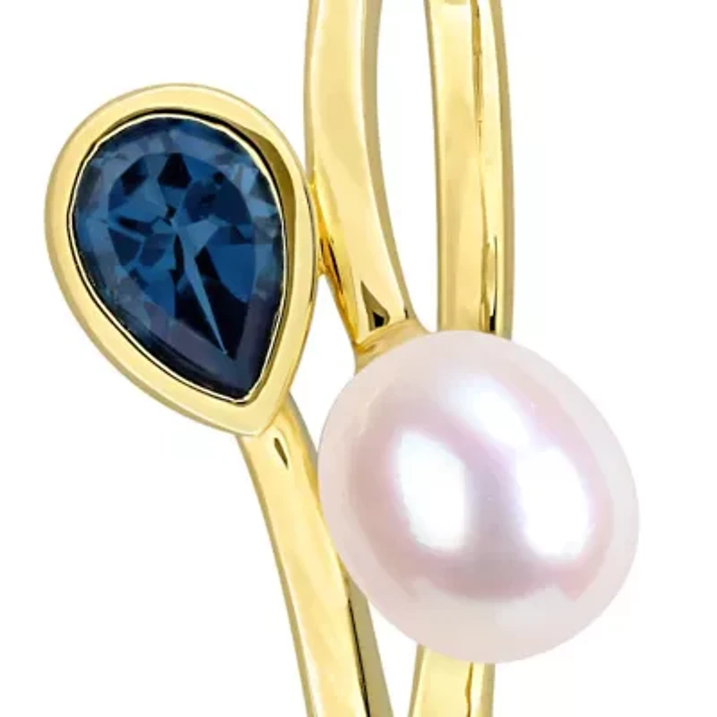 London Blue Topaz & 7-7.5mm Freshwater Cultured Pearl Hoop Earrings in Yellow Plated Sterling Silver