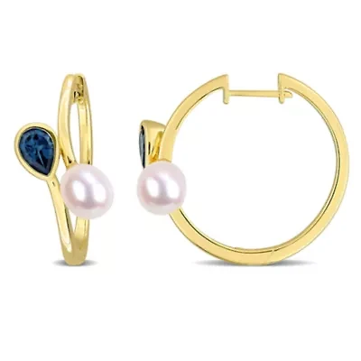 London Blue Topaz & 7-7.5mm Freshwater Cultured Pearl Hoop Earrings in Yellow Plated Sterling Silver
