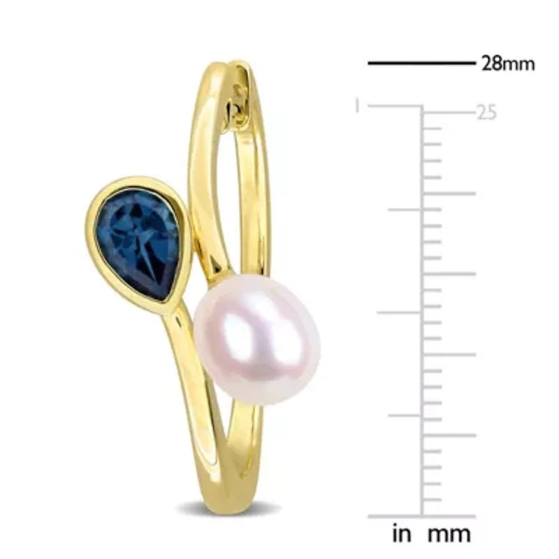 London Blue Topaz & 7-7.5mm Freshwater Cultured Pearl Hoop Earrings in Yellow Plated Sterling Silver