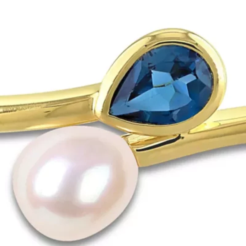 London Blue Topaz & 7-7.5mm Freshwater Cultured Pearl Bangle in Yellow Plated Sterling Silver