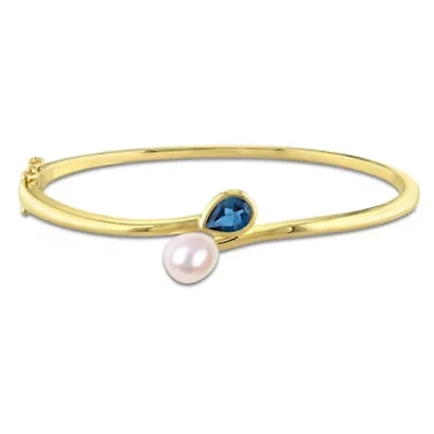 London Blue Topaz & 7-7.5mm Freshwater Cultured Pearl Bangle in Yellow Plated Sterling Silver