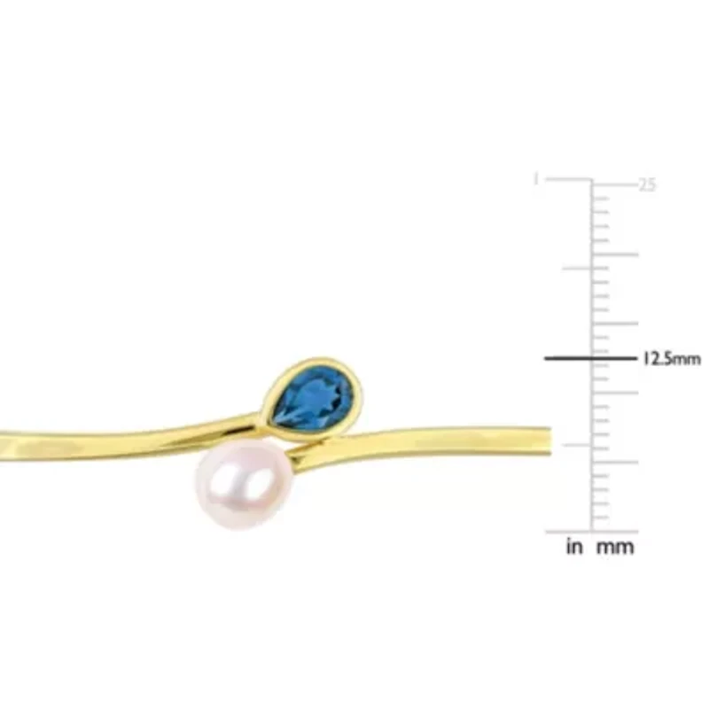 London Blue Topaz & 7-7.5mm Freshwater Cultured Pearl Bangle in Yellow Plated Sterling Silver