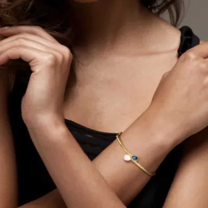 London Blue Topaz & 7-7.5mm Freshwater Cultured Pearl Bangle in Yellow Plated Sterling Silver