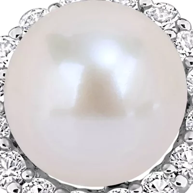Lab Created 7-7.5mm Freshwater Cultured Pearl & White Sapphire Ring in Sterling Silver