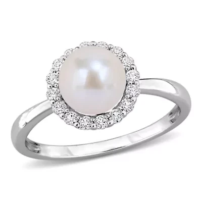 Lab Created 7-7.5mm Freshwater Cultured Pearl & White Sapphire Ring in Sterling Silver