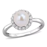 Lab Created 7-7.5mm Freshwater Cultured Pearl & White Sapphire Ring in Sterling Silver
